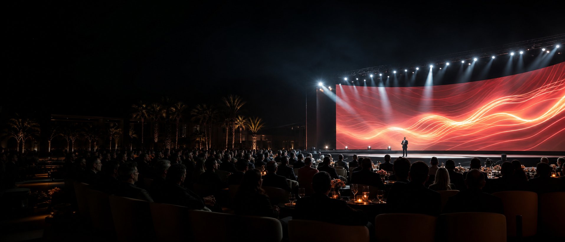 Scène événementielle avec écran LED panoramique et public